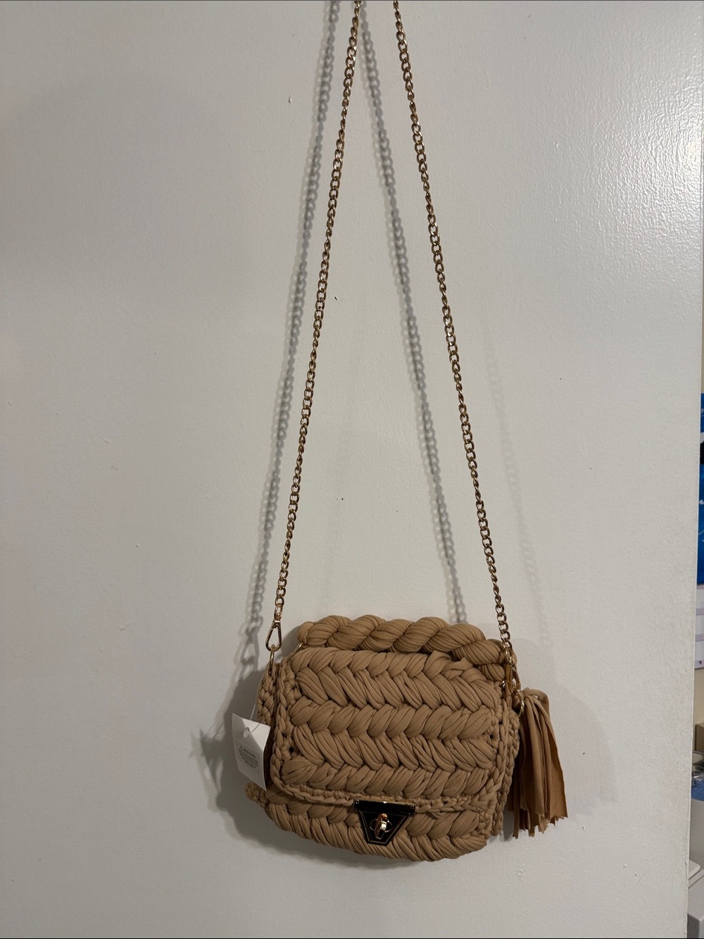 Braided Tan Crossbody Bag with Tassel and Gold Chain
